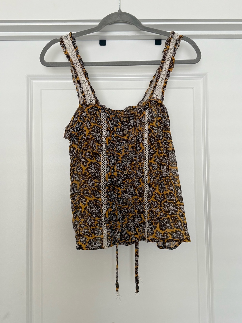 Anthropologie Brown and Mustard Floral Lace-Trim Tank Top